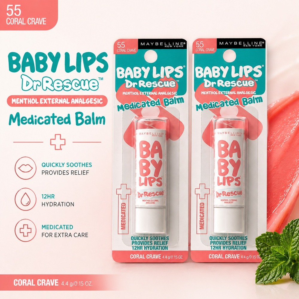 Maybelline Baby Lips Dr Rescue Medicated Balm 55โ Coral Crave 2 Pack 0.15oz Each